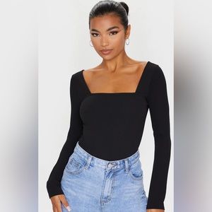 PrettyLittleThing Black Square Neck Long Sleeve Thong Bodysuit Size 2 NWT